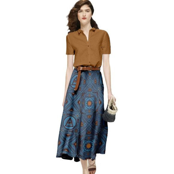 Short Sleeve Solid Color Blouse and Print Midi Skirts Set - Picture 1 of 6